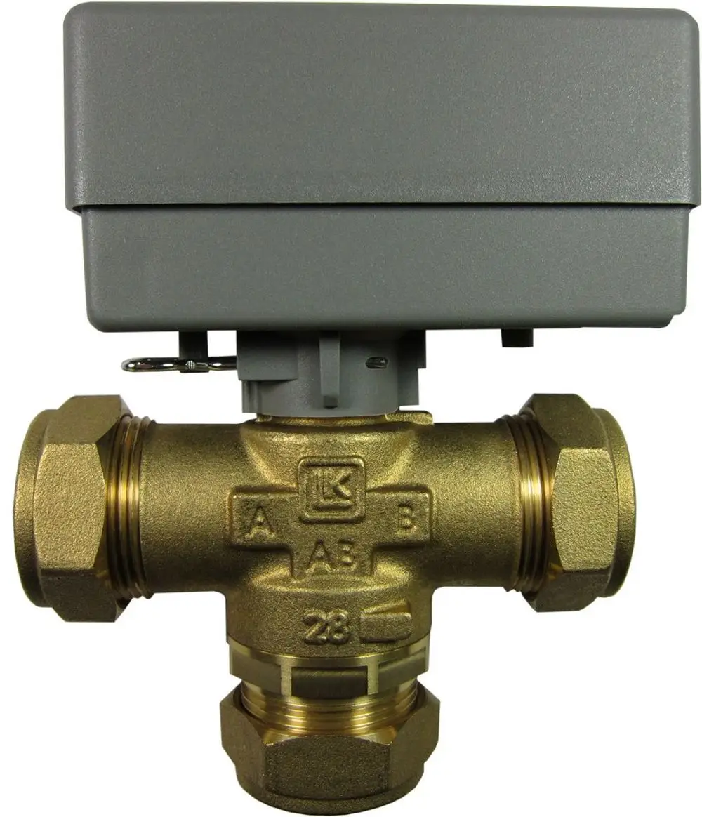3-Wege-Ventil von Bosch mit einer metallischen Konstruktion und elektrischer Steuerung, geeignet für Heizungs- oder Wassersysteme.